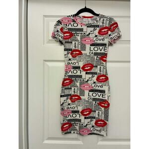 Popular 21 Women’s Bodycon Midi Dress S Graphic Lips Newspaper Print Stretch